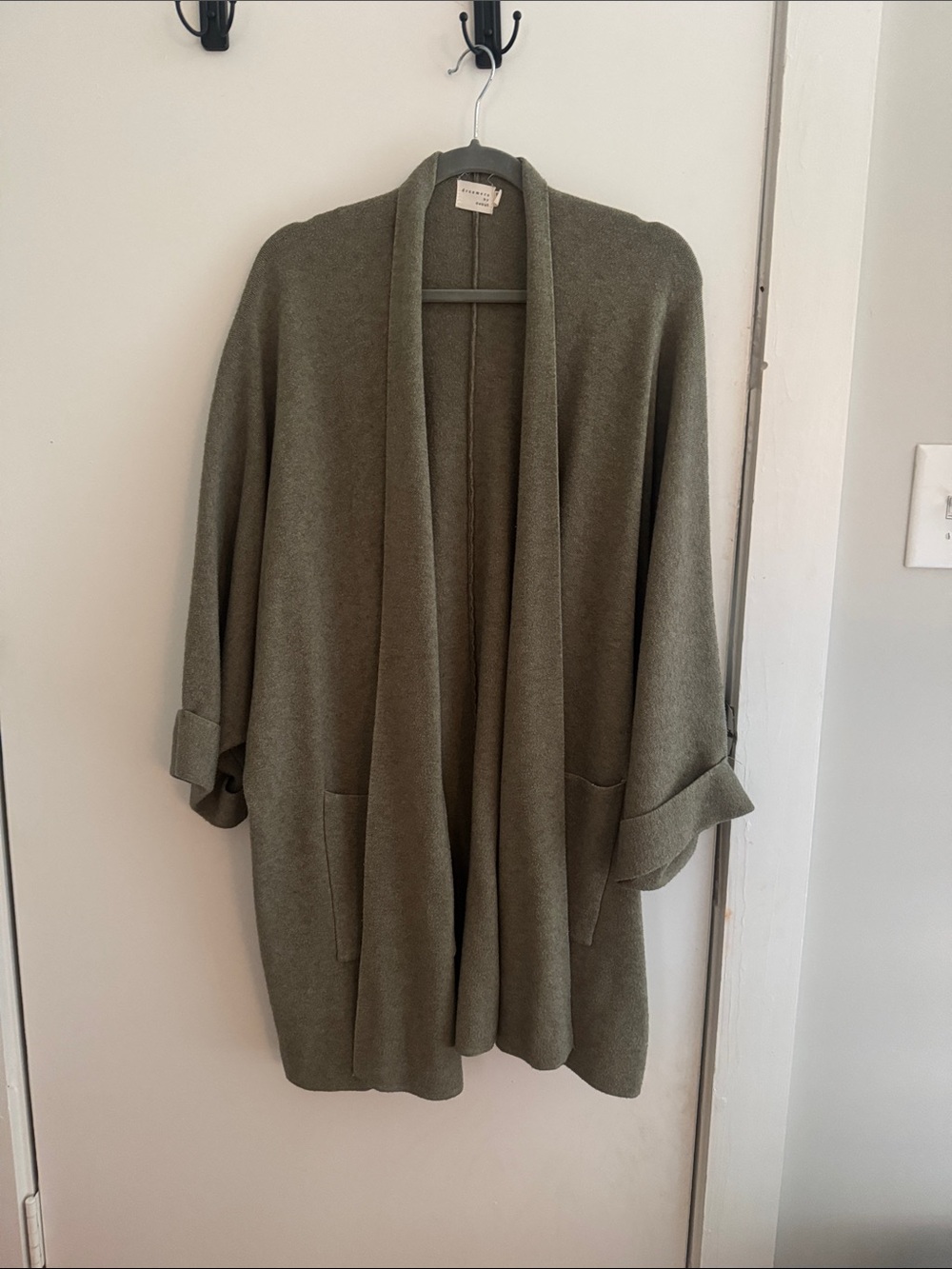 Relaxed Olive Open-Front Cardigan with Roll Cuffs